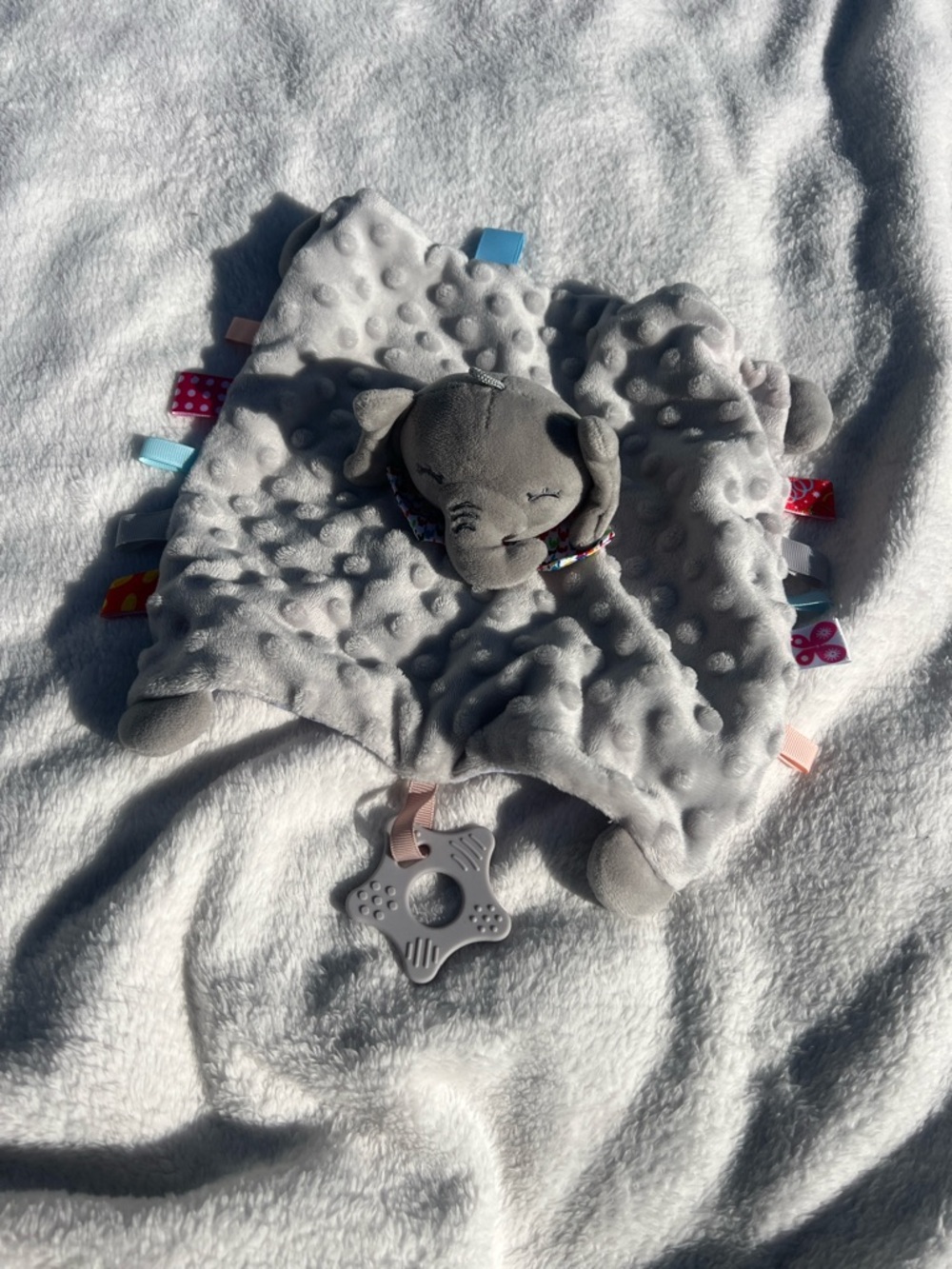 Gray Elephant Lovey Security Blanket with Teether & taggies